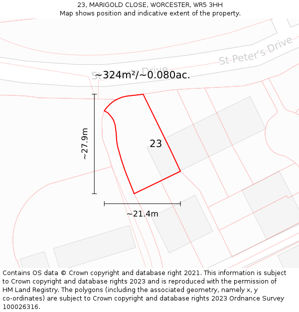 23, MARIGOLD CLOSE, WORCESTER, WR5 3HH: Plot and title map