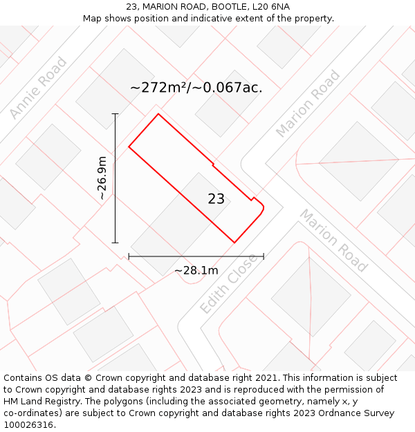 23, MARION ROAD, BOOTLE, L20 6NA: Plot and title map