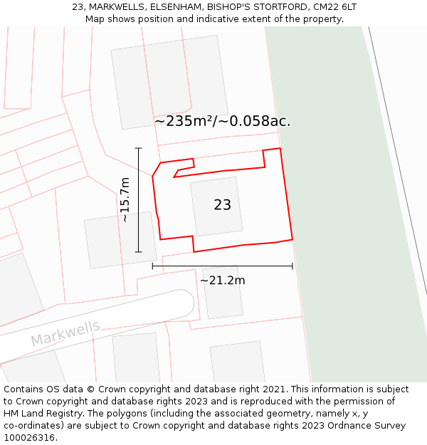23, MARKWELLS, ELSENHAM, BISHOP'S STORTFORD, CM22 6LT: Plot and title map