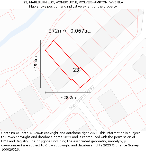 23, MARLBURN WAY, WOMBOURNE, WOLVERHAMPTON, WV5 8LA: Plot and title map