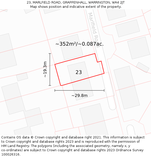 23, MARLFIELD ROAD, GRAPPENHALL, WARRINGTON, WA4 2JT: Plot and title map
