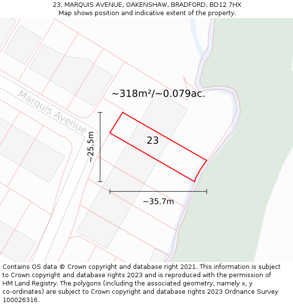 23, MARQUIS AVENUE, OAKENSHAW, BRADFORD, BD12 7HX: Plot and title map