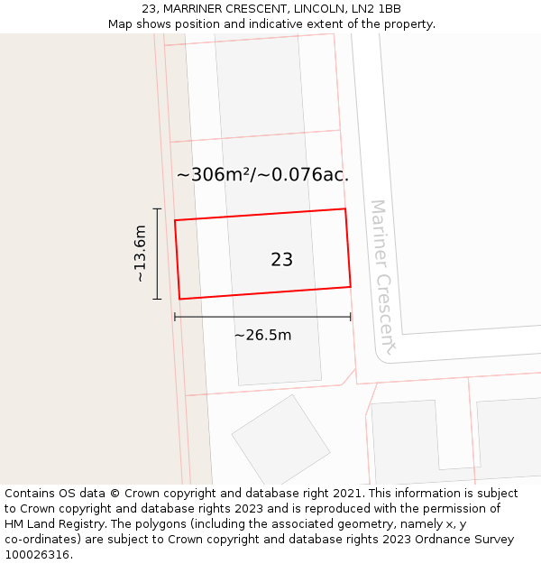 23, MARRINER CRESCENT, LINCOLN, LN2 1BB: Plot and title map