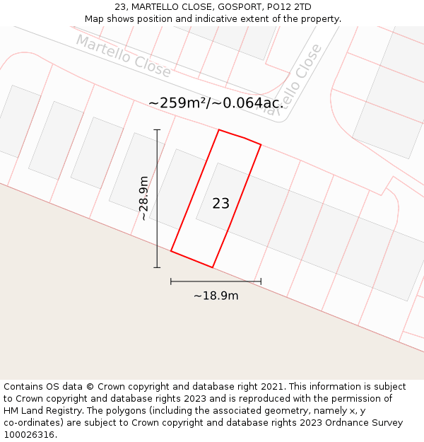 23, MARTELLO CLOSE, GOSPORT, PO12 2TD: Plot and title map