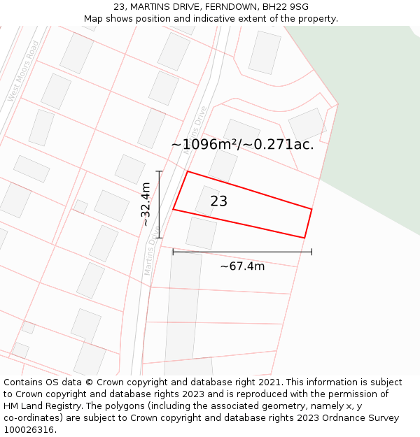 23, MARTINS DRIVE, FERNDOWN, BH22 9SG: Plot and title map