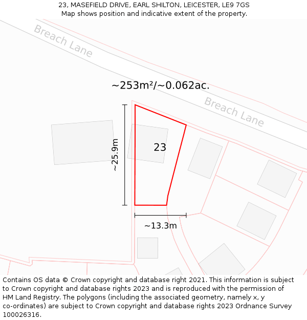 23, MASEFIELD DRIVE, EARL SHILTON, LEICESTER, LE9 7GS: Plot and title map
