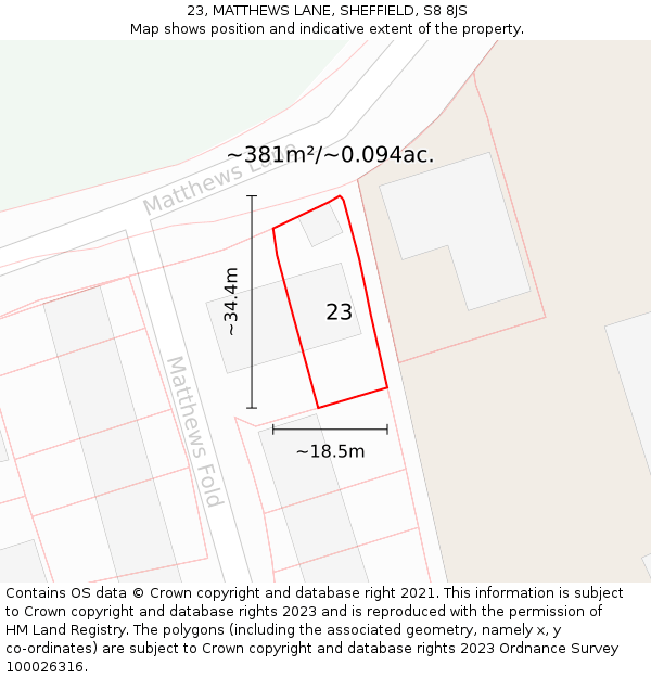 23, MATTHEWS LANE, SHEFFIELD, S8 8JS: Plot and title map