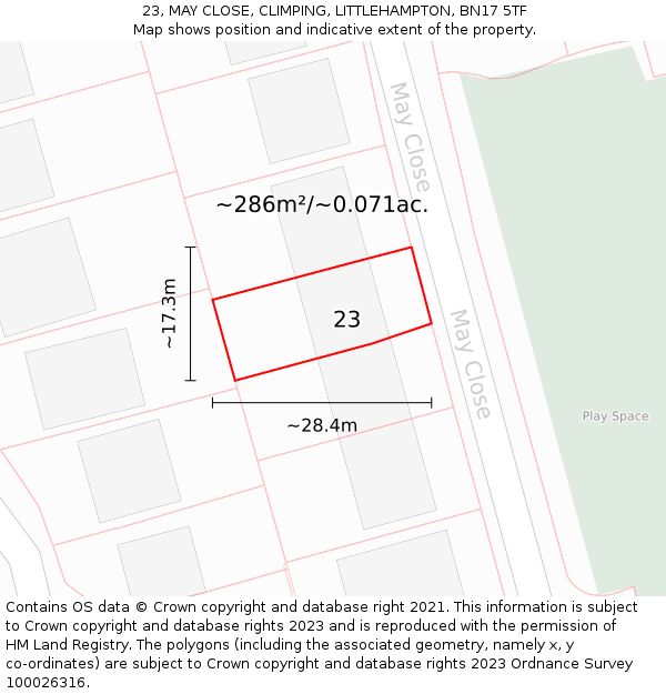 23, MAY CLOSE, CLIMPING, LITTLEHAMPTON, BN17 5TF: Plot and title map