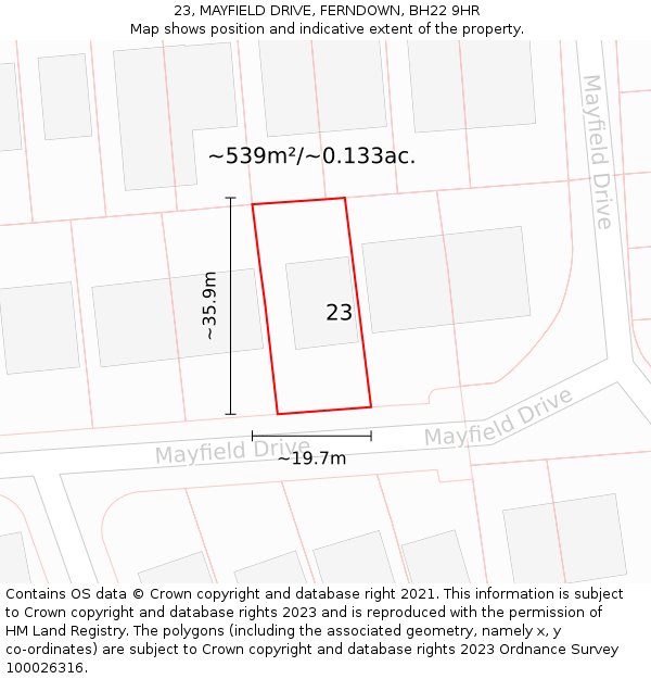 23, MAYFIELD DRIVE, FERNDOWN, BH22 9HR: Plot and title map