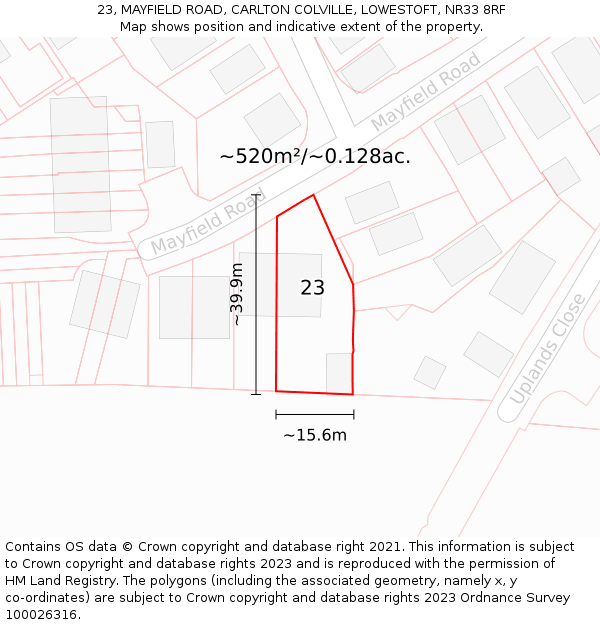 23, MAYFIELD ROAD, CARLTON COLVILLE, LOWESTOFT, NR33 8RF: Plot and title map