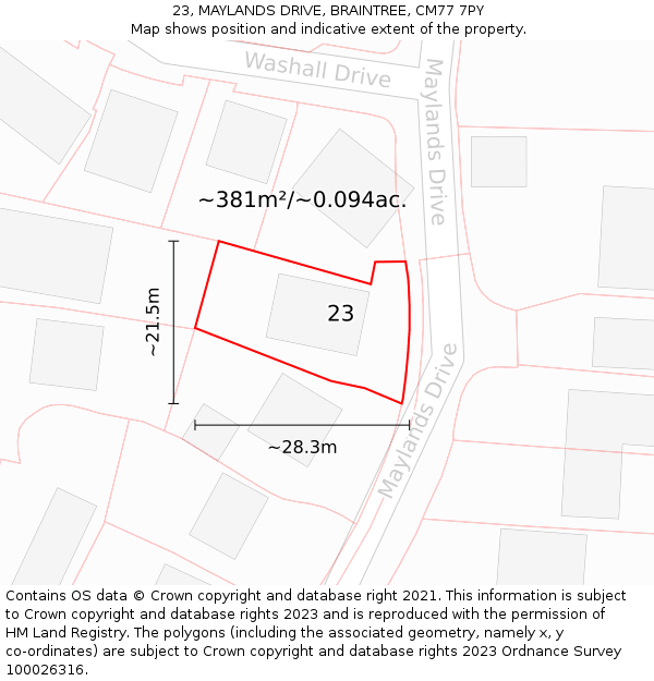 23, MAYLANDS DRIVE, BRAINTREE, CM77 7PY: Plot and title map