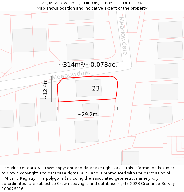 23, MEADOW DALE, CHILTON, FERRYHILL, DL17 0RW: Plot and title map