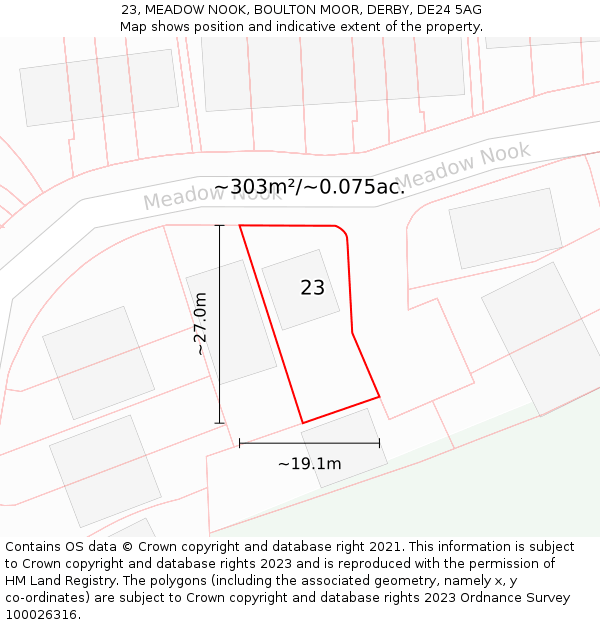 23, MEADOW NOOK, BOULTON MOOR, DERBY, DE24 5AG: Plot and title map