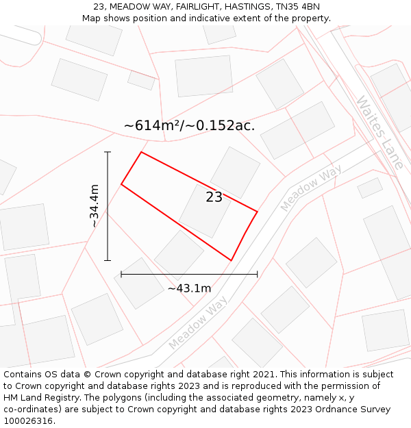 23, MEADOW WAY, FAIRLIGHT, HASTINGS, TN35 4BN: Plot and title map