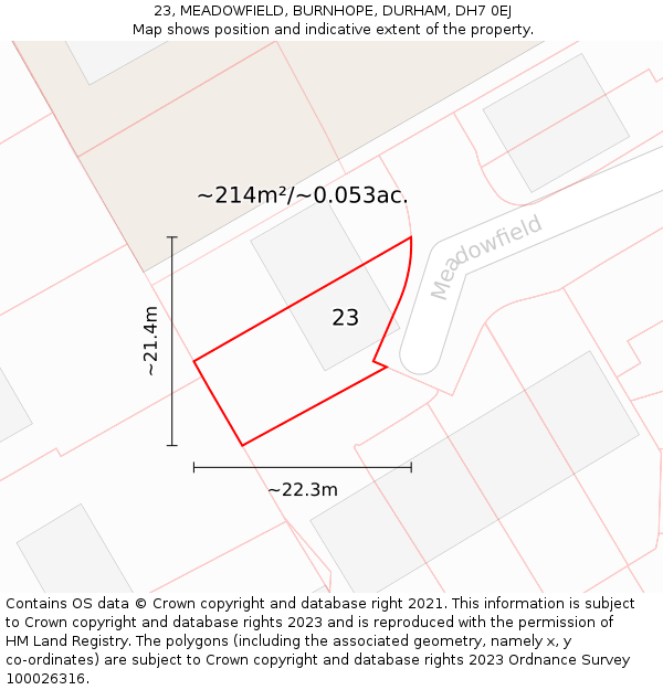 23, MEADOWFIELD, BURNHOPE, DURHAM, DH7 0EJ: Plot and title map