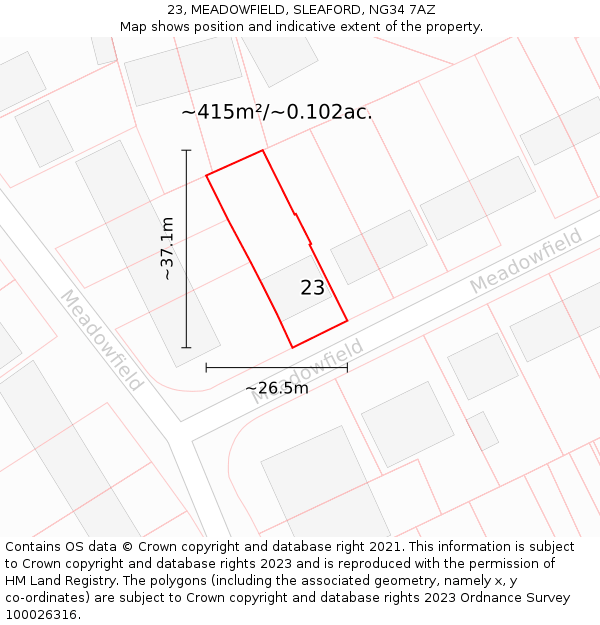23, MEADOWFIELD, SLEAFORD, NG34 7AZ: Plot and title map