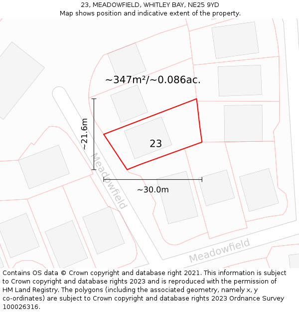 23, MEADOWFIELD, WHITLEY BAY, NE25 9YD: Plot and title map