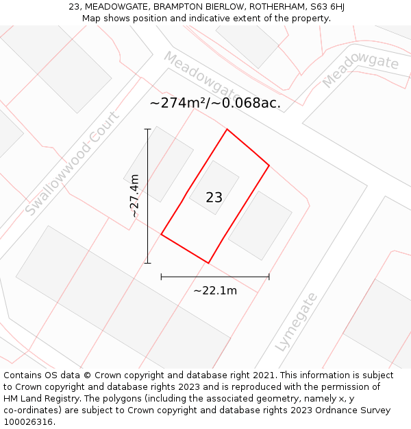 23, MEADOWGATE, BRAMPTON BIERLOW, ROTHERHAM, S63 6HJ: Plot and title map