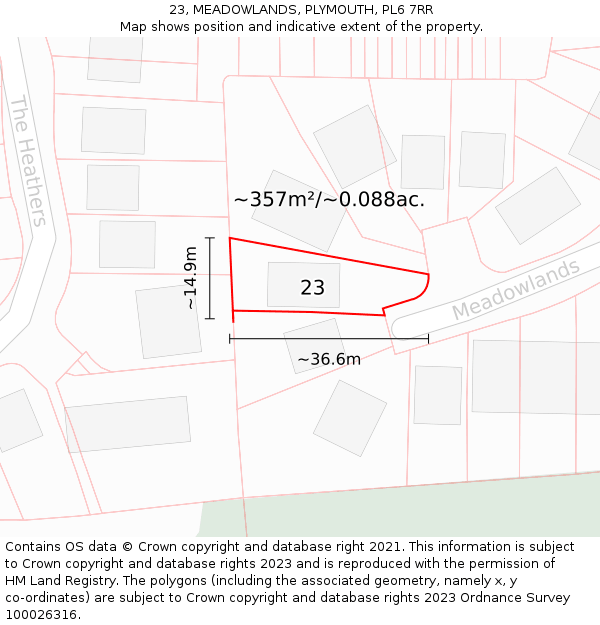 23, MEADOWLANDS, PLYMOUTH, PL6 7RR: Plot and title map