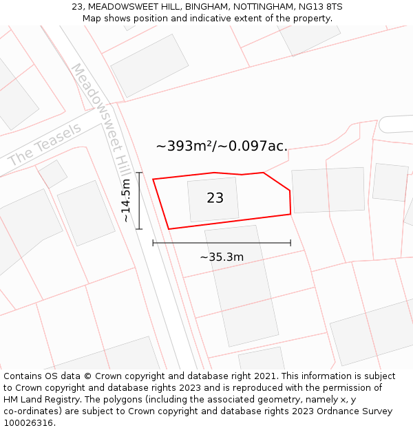 23, MEADOWSWEET HILL, BINGHAM, NOTTINGHAM, NG13 8TS: Plot and title map