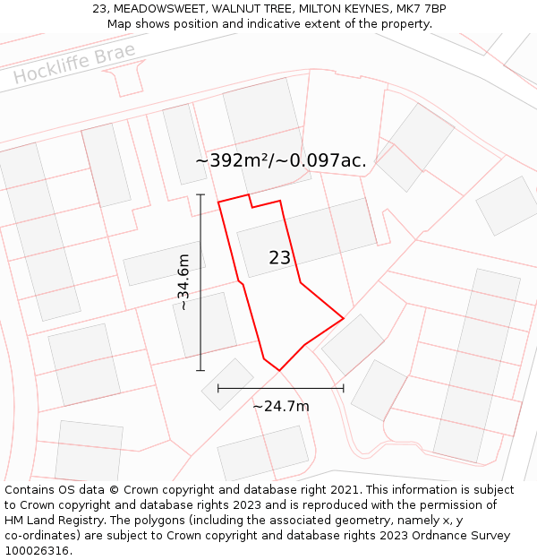 23, MEADOWSWEET, WALNUT TREE, MILTON KEYNES, MK7 7BP: Plot and title map