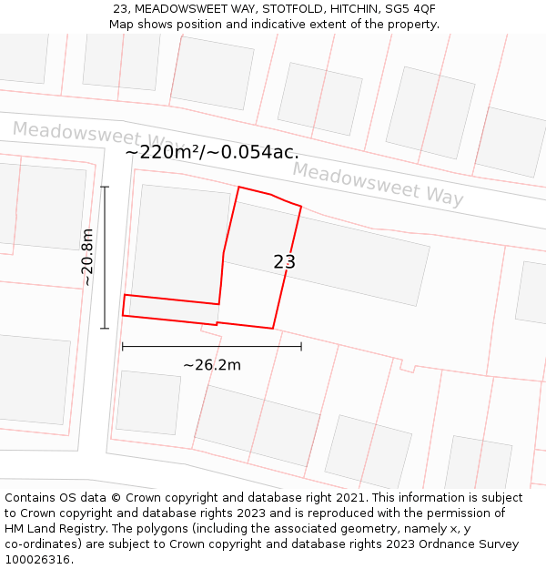 23, MEADOWSWEET WAY, STOTFOLD, HITCHIN, SG5 4QF: Plot and title map