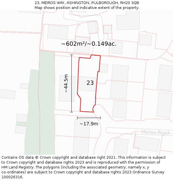 23, MEIROS WAY, ASHINGTON, PULBOROUGH, RH20 3QB: Plot and title map