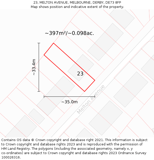 23, MELTON AVENUE, MELBOURNE, DERBY, DE73 8FP: Plot and title map