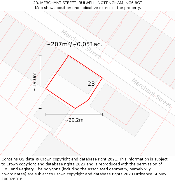 23, MERCHANT STREET, BULWELL, NOTTINGHAM, NG6 8GT: Plot and title map