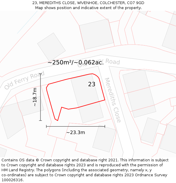 23, MEREDITHS CLOSE, WIVENHOE, COLCHESTER, CO7 9GD: Plot and title map