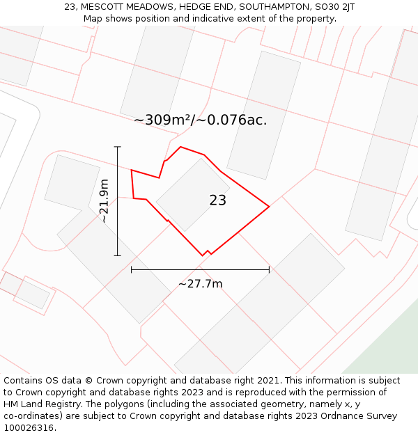23, MESCOTT MEADOWS, HEDGE END, SOUTHAMPTON, SO30 2JT: Plot and title map