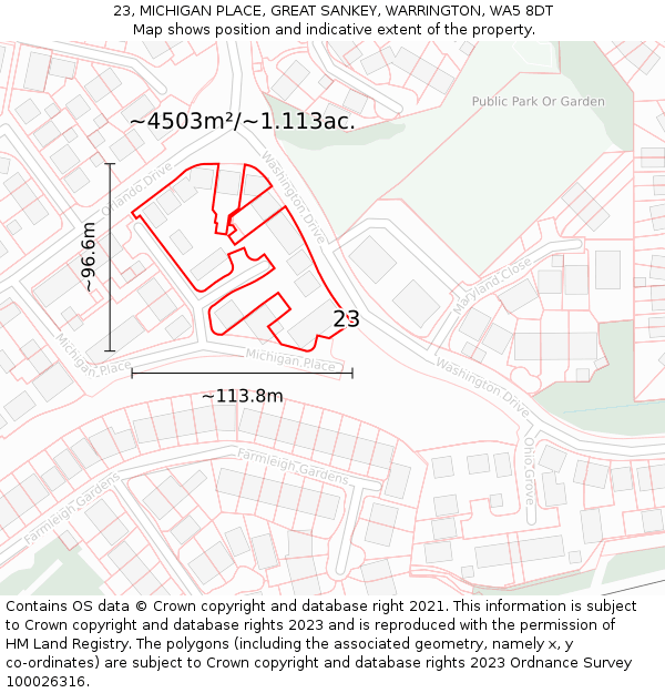 23, MICHIGAN PLACE, GREAT SANKEY, WARRINGTON, WA5 8DT: Plot and title map