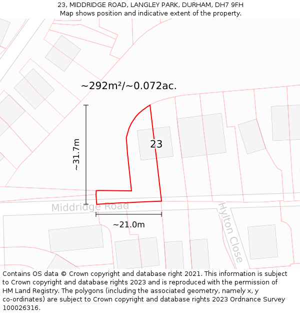 23, MIDDRIDGE ROAD, LANGLEY PARK, DURHAM, DH7 9FH: Plot and title map