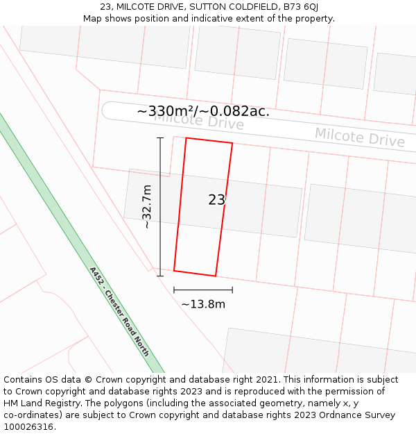 23, MILCOTE DRIVE, SUTTON COLDFIELD, B73 6QJ: Plot and title map