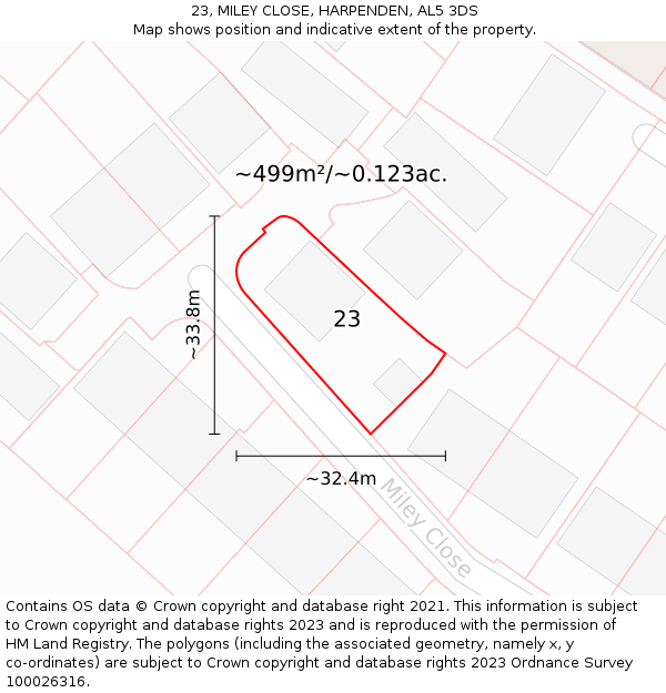23, MILEY CLOSE, HARPENDEN, AL5 3DS: Plot and title map