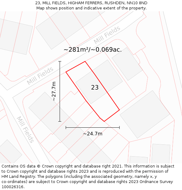23, MILL FIELDS, HIGHAM FERRERS, RUSHDEN, NN10 8ND: Plot and title map