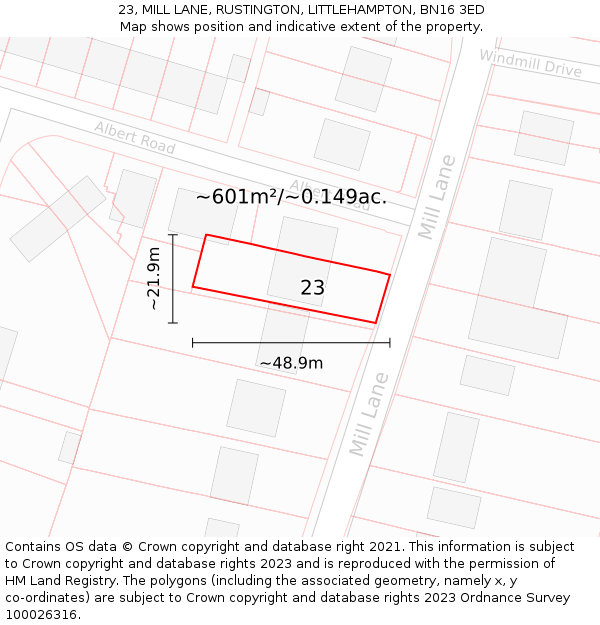 23, MILL LANE, RUSTINGTON, LITTLEHAMPTON, BN16 3ED: Plot and title map