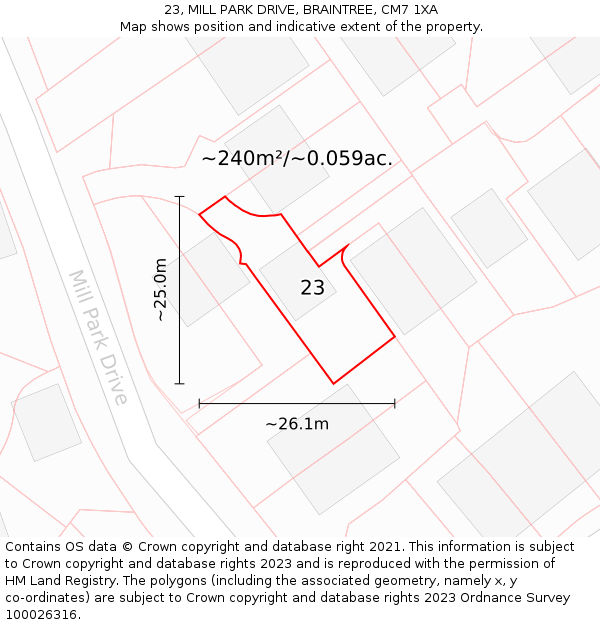 23, MILL PARK DRIVE, BRAINTREE, CM7 1XA: Plot and title map