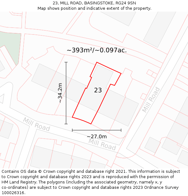 23, MILL ROAD, BASINGSTOKE, RG24 9SN: Plot and title map