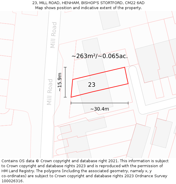 23, MILL ROAD, HENHAM, BISHOP'S STORTFORD, CM22 6AD: Plot and title map