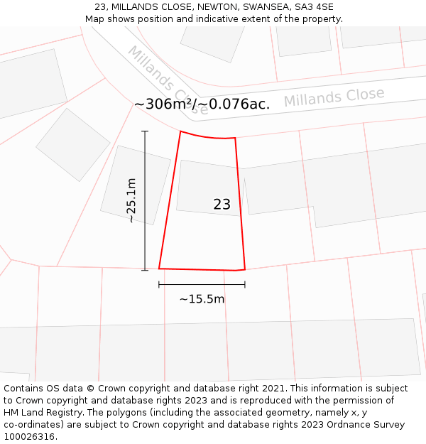 23, MILLANDS CLOSE, NEWTON, SWANSEA, SA3 4SE: Plot and title map