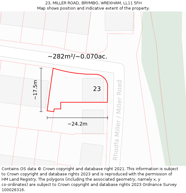 23, MILLER ROAD, BRYMBO, WREXHAM, LL11 5FH: Plot and title map
