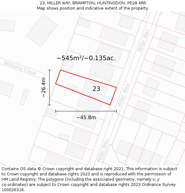 23, MILLER WAY, BRAMPTON, HUNTINGDON, PE28 4RR: Plot and title map