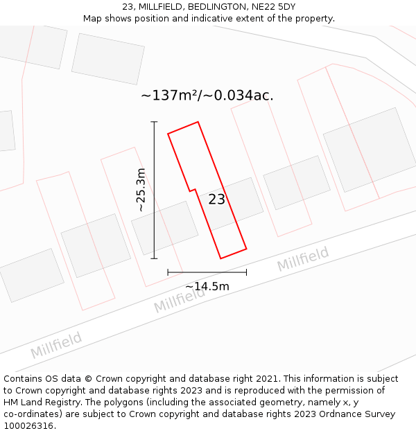 23, MILLFIELD, BEDLINGTON, NE22 5DY: Plot and title map