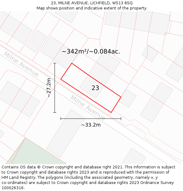 23, MILNE AVENUE, LICHFIELD, WS13 8SQ: Plot and title map