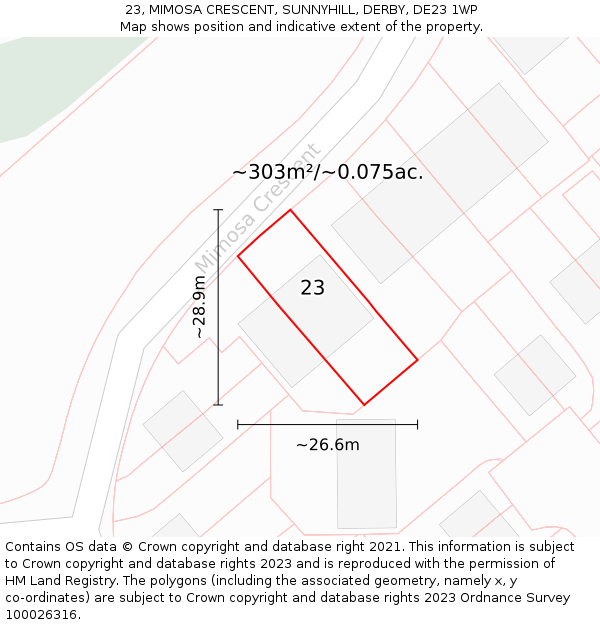 23, MIMOSA CRESCENT, SUNNYHILL, DERBY, DE23 1WP: Plot and title map