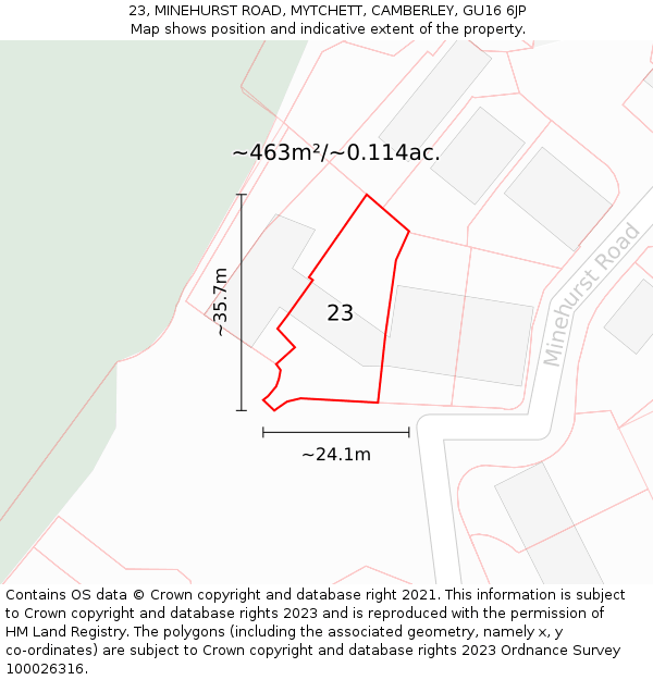 23, MINEHURST ROAD, MYTCHETT, CAMBERLEY, GU16 6JP: Plot and title map