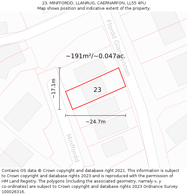 23, MINFFORDD, LLANRUG, CAERNARFON, LL55 4PU: Plot and title map
