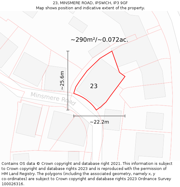 23, MINSMERE ROAD, IPSWICH, IP3 9GF: Plot and title map
