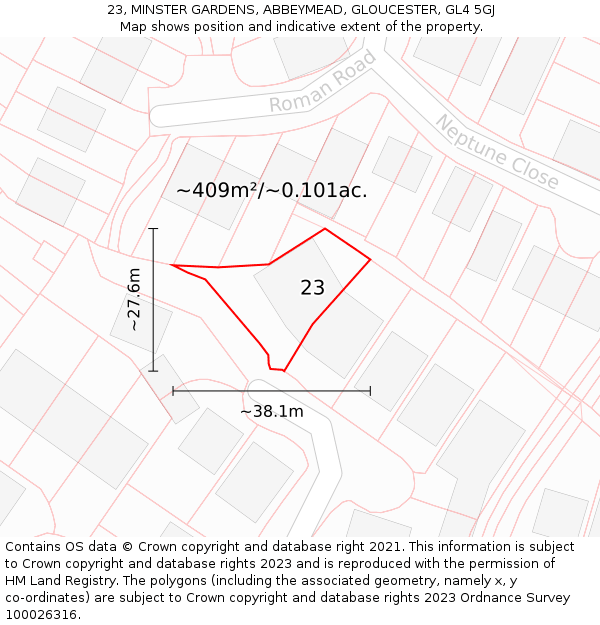 23, MINSTER GARDENS, ABBEYMEAD, GLOUCESTER, GL4 5GJ: Plot and title map